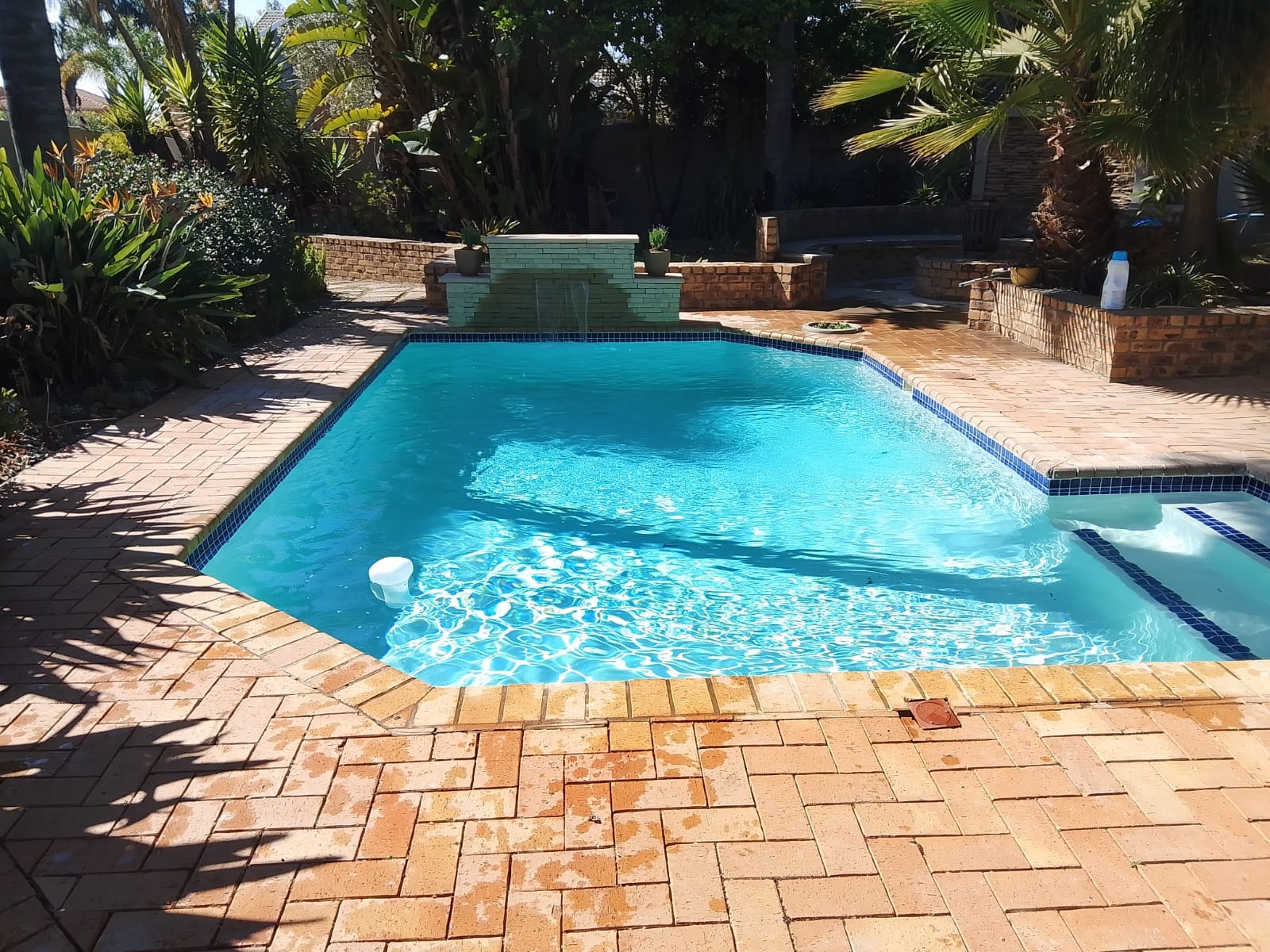 Crystal clear pool restored with blue mosaic waterline tiles