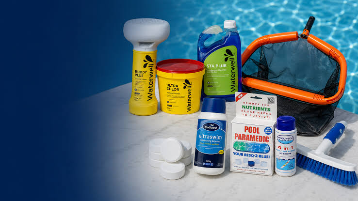 Range of pool chemicals including chlorine, clarifier and water treatment products