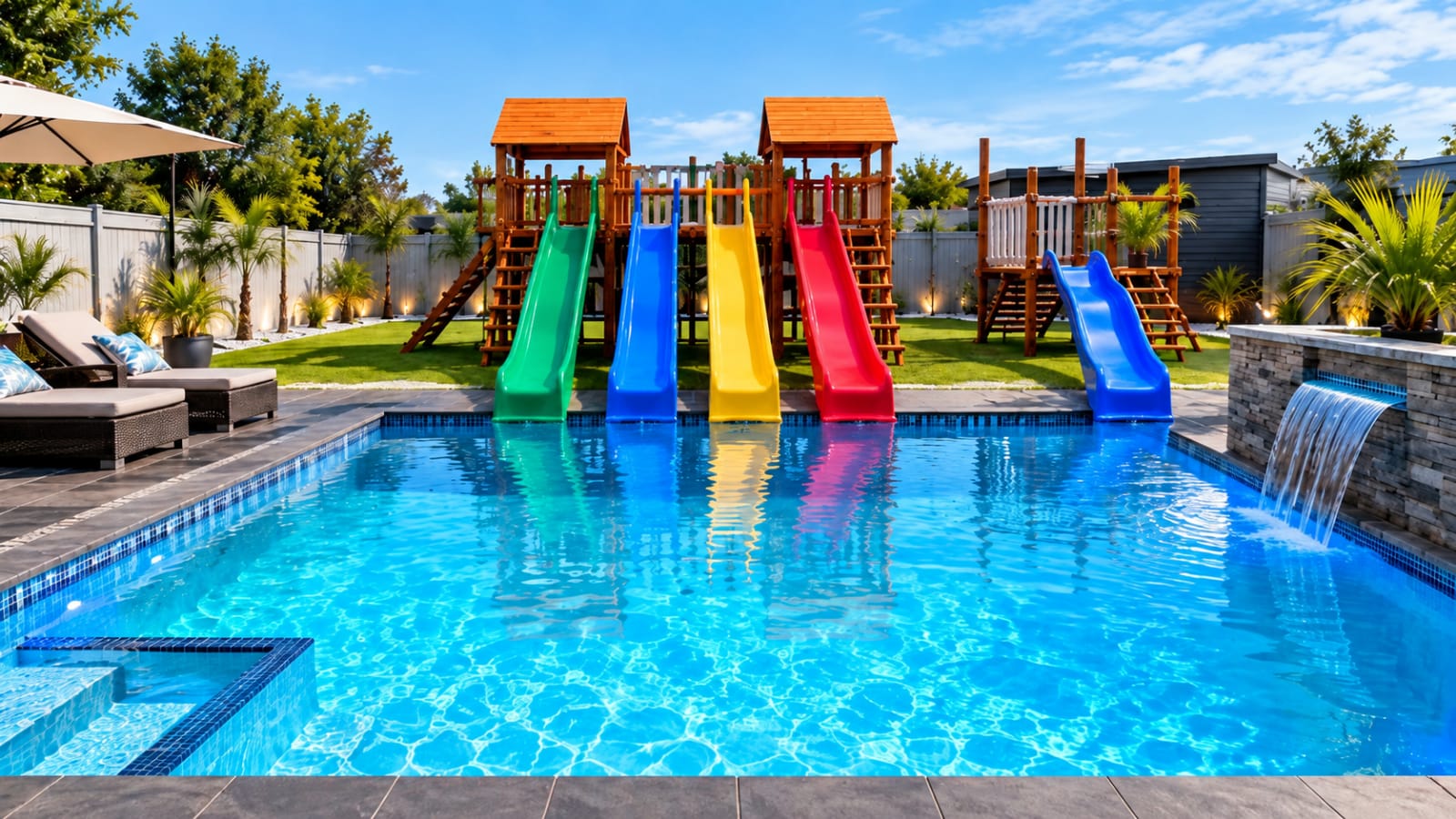 Family pool with water slides and a rock-feature waterfall