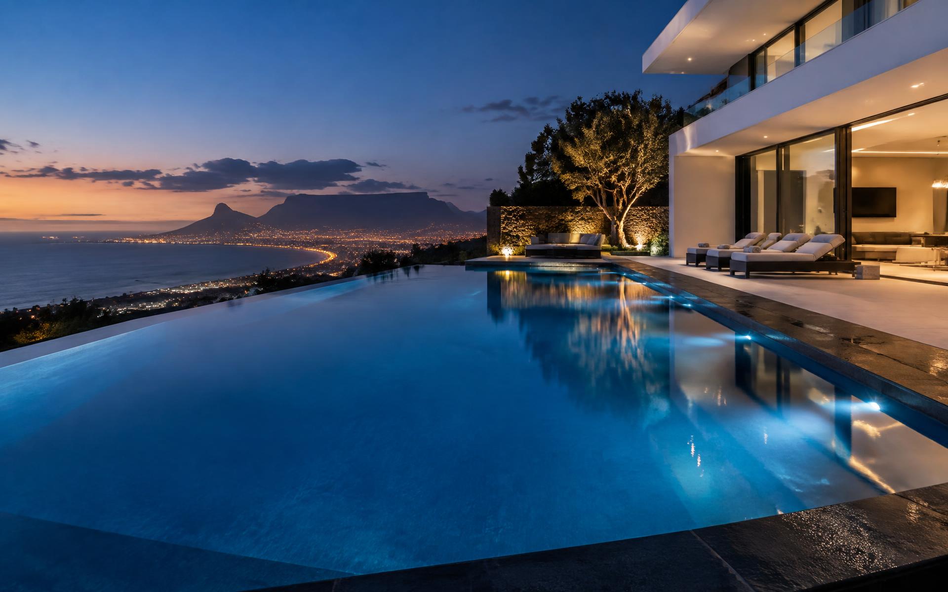 Luxury infinity pool overlooking Cape Town at dusk
